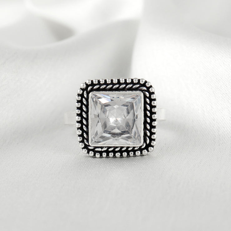 Square Shape Jadau Silver Ring