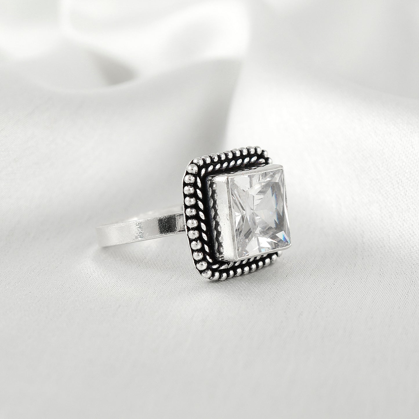 Square Shape Jadau Silver Ring