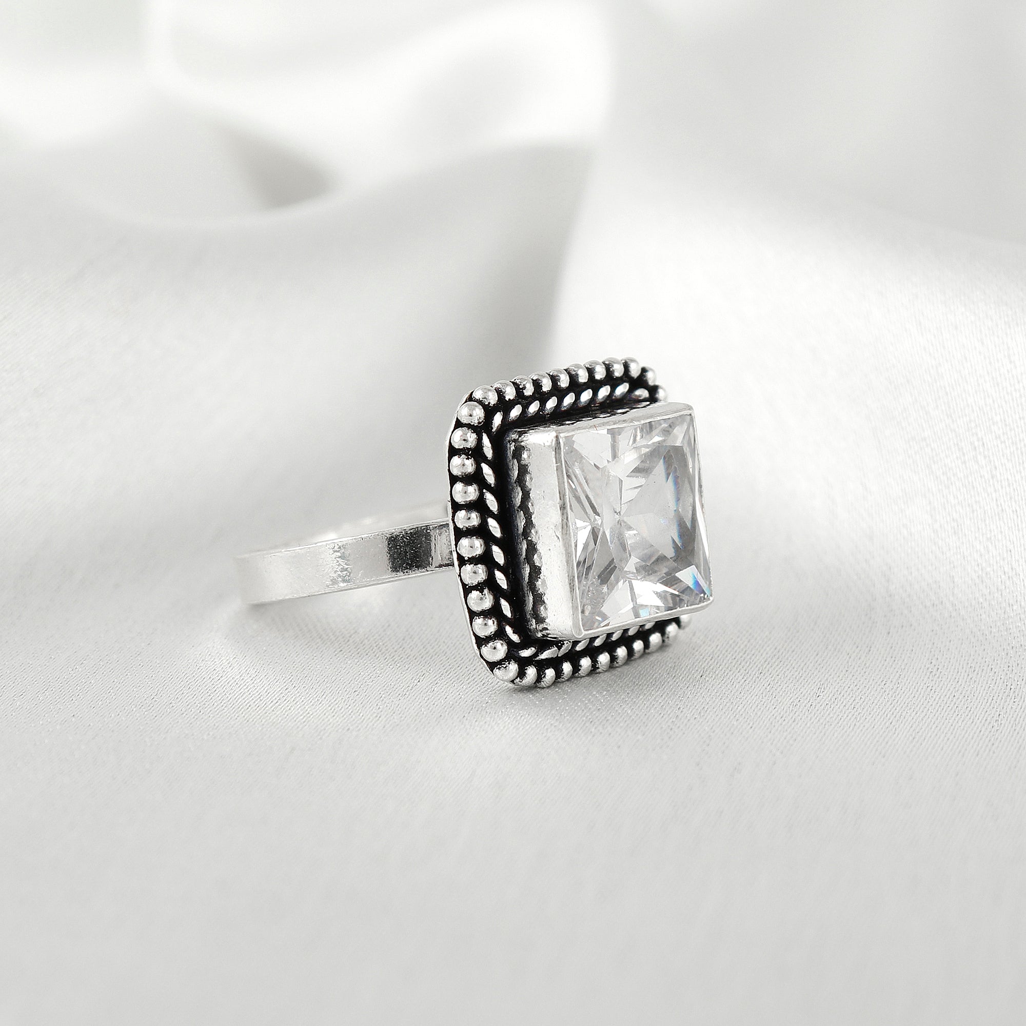 Square Shape Jadau Silver Ring
