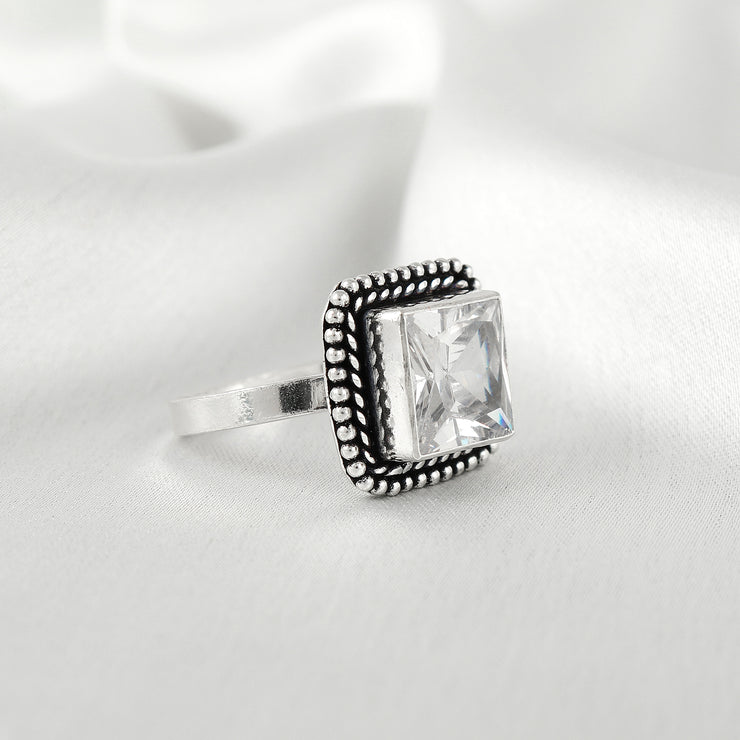 Square Shape Jadau Silver Ring