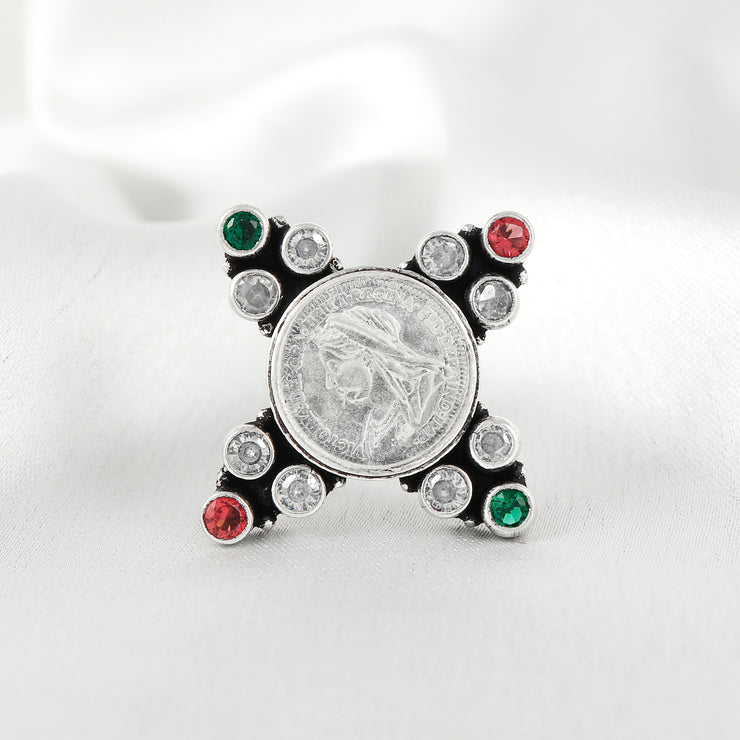 92.5 Silver Coin Multicolor Phool Ring