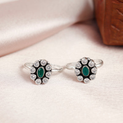 Oval Stone Flower Silver Toe Ring