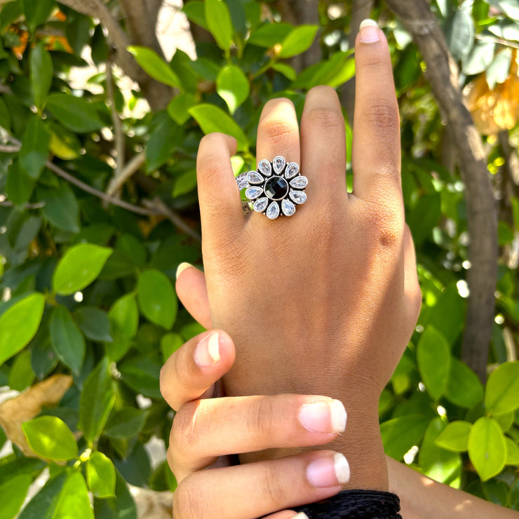 Monochrome Floral Sparkle Silver Ring