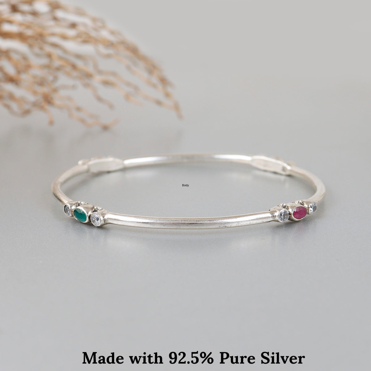Oval Shape Gemstone Silver Bangle