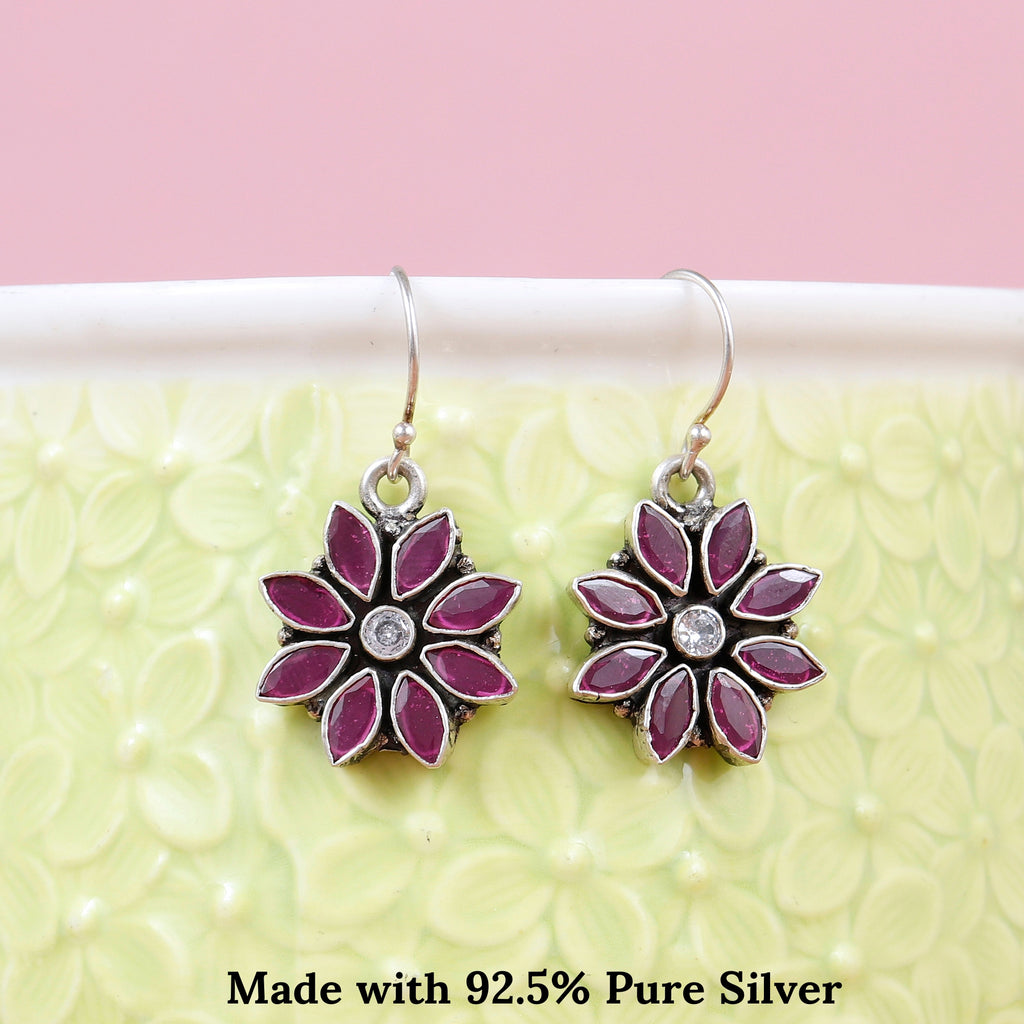 Ruby Petal Flower Silver Earring