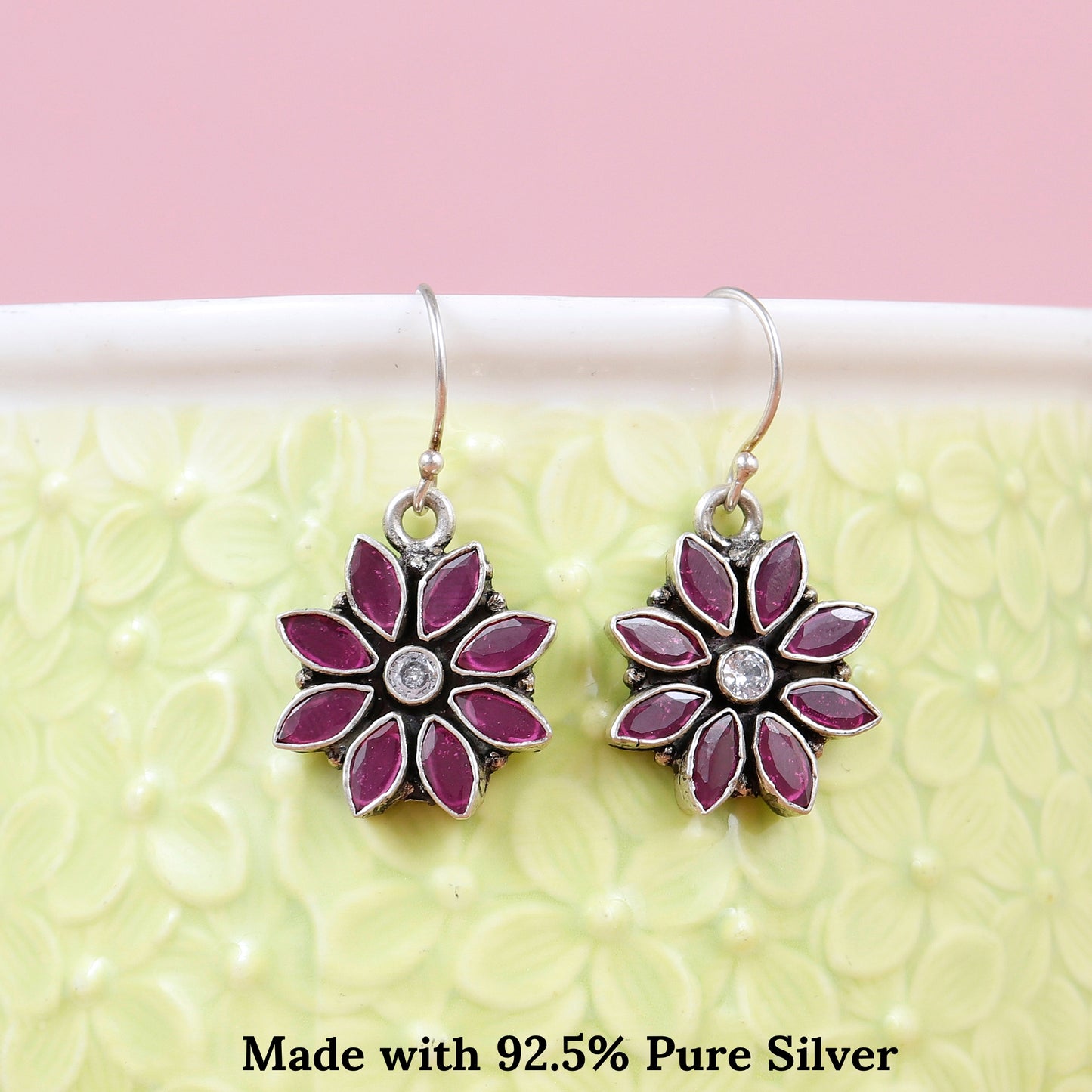 Ruby Petal Flower Silver Earring