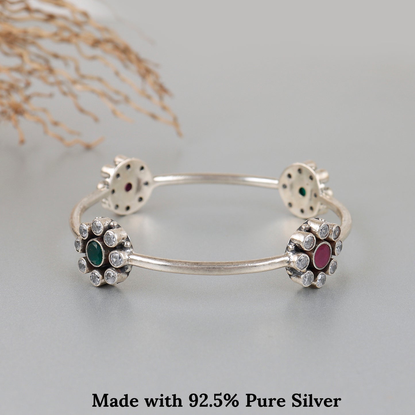 Flower Multicolor Gemstone Silver Bangle