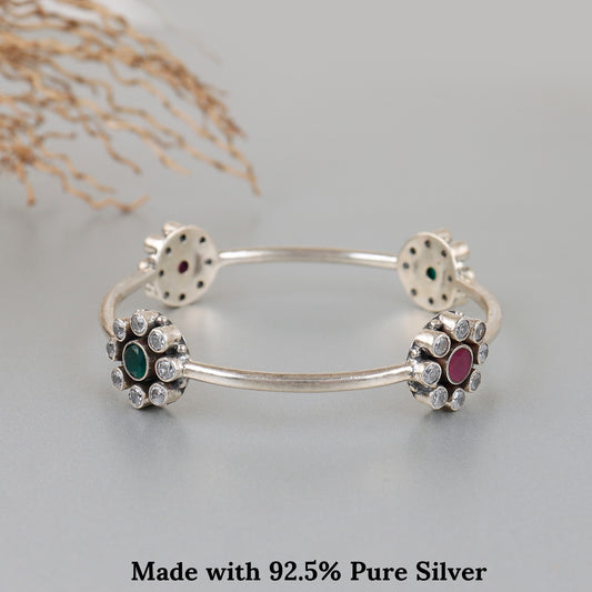 Flower Multicolor Gemstone Silver Bangle