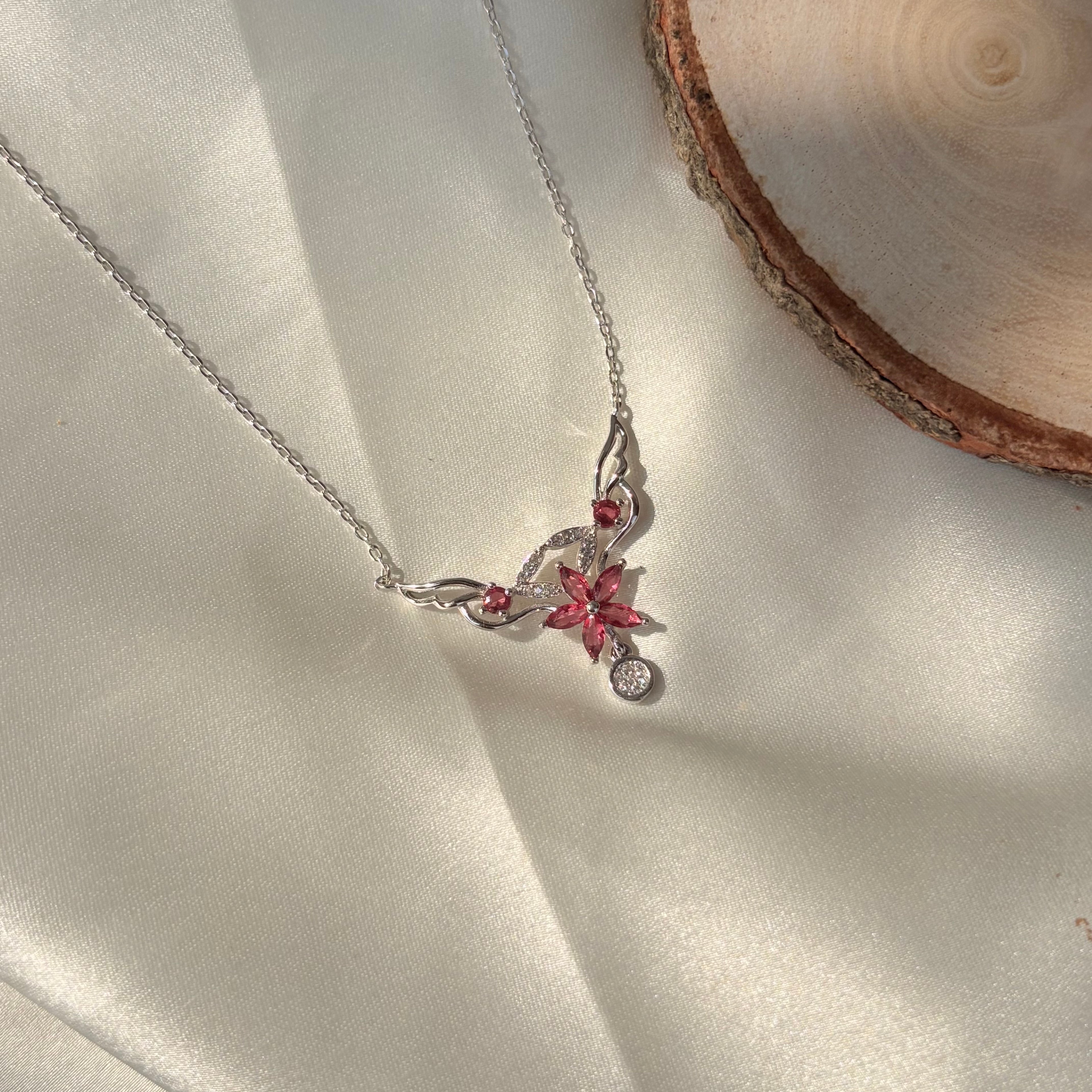 Enchanted Floral Pink Wings Silver Necklace