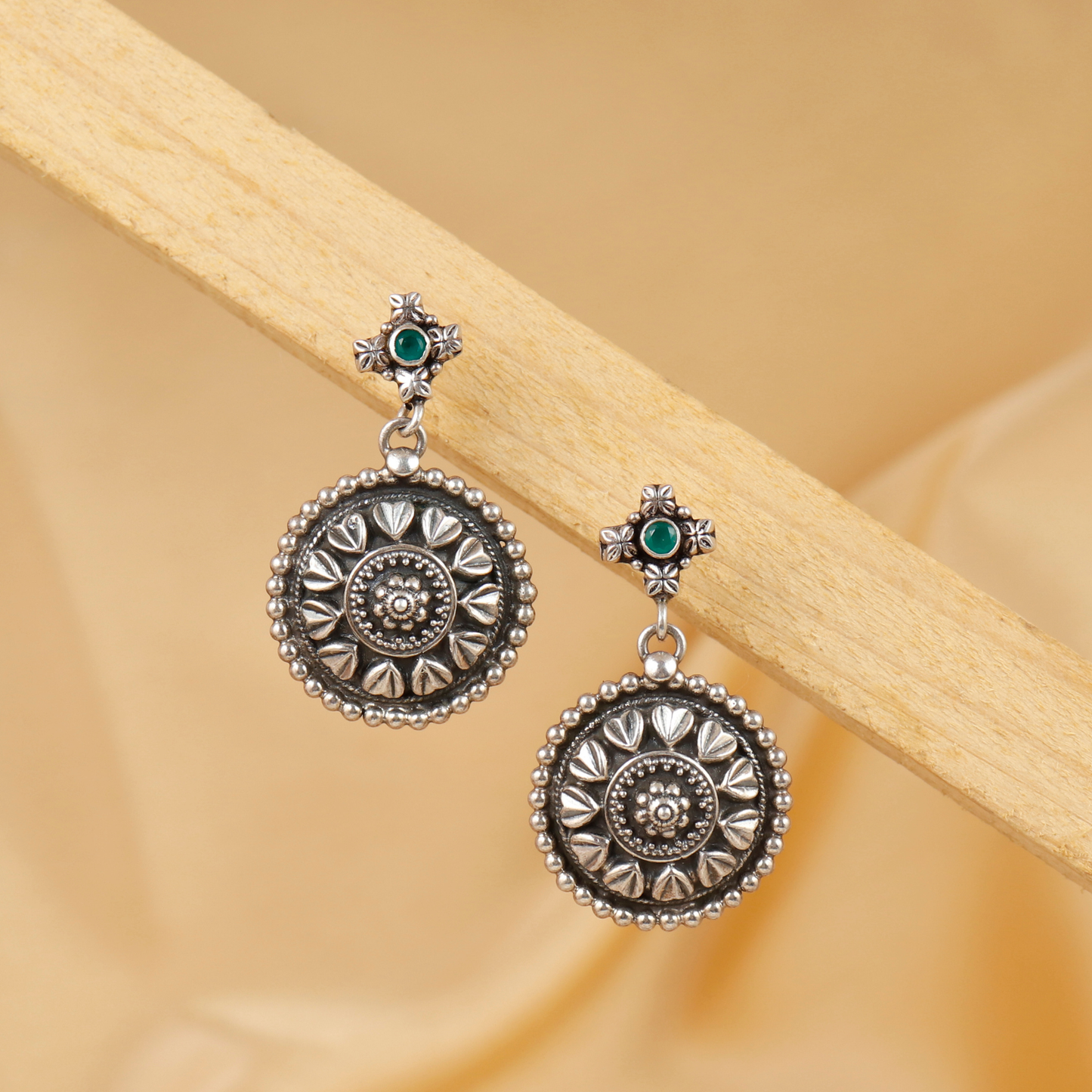 Meher Green Stone Traditional Silver Jhumkas
