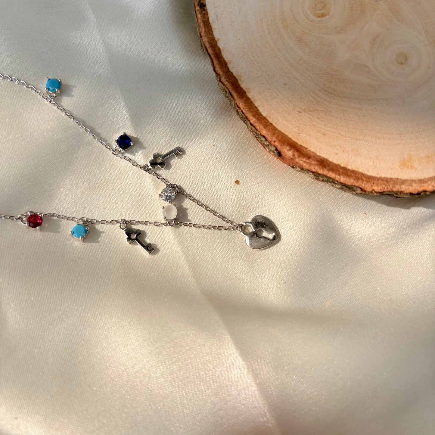 Silver Multi-Charm Heart Lock and Key Necklace