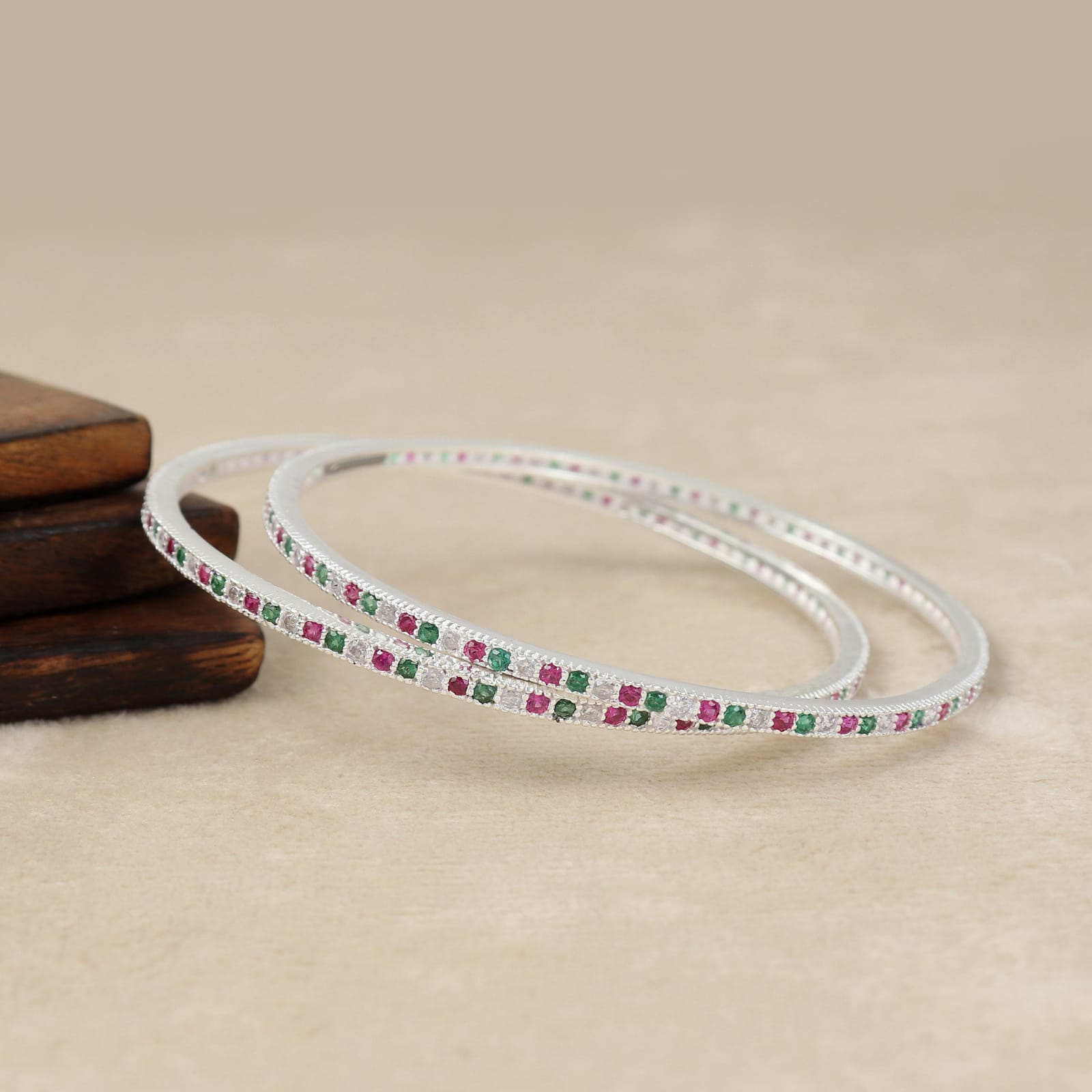 Multicolor Stone Silver Bangle