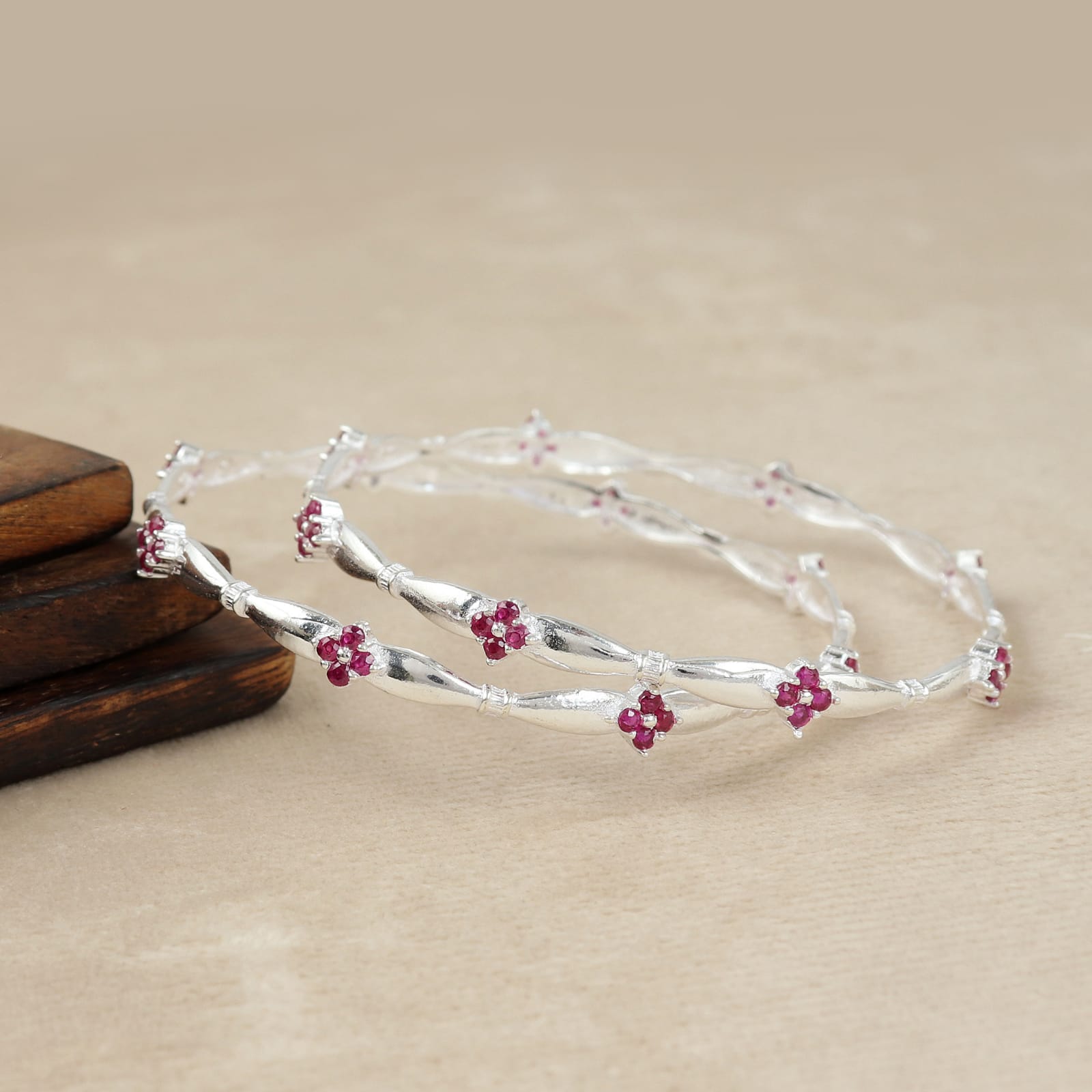 Glitz Floral Ruby Silver Bangle 2-6