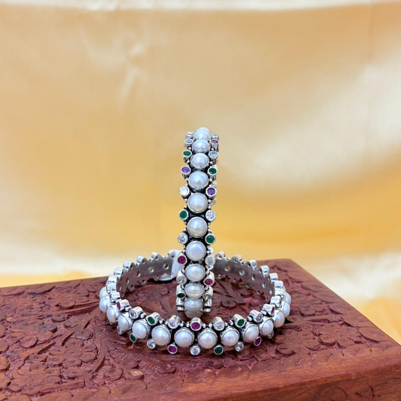 Nazaqat Multicolor Pearl Silver Bangle For Women