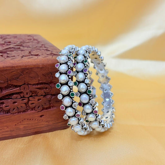 Nazaqat Multicolor Pearl Silver Bangle For Women