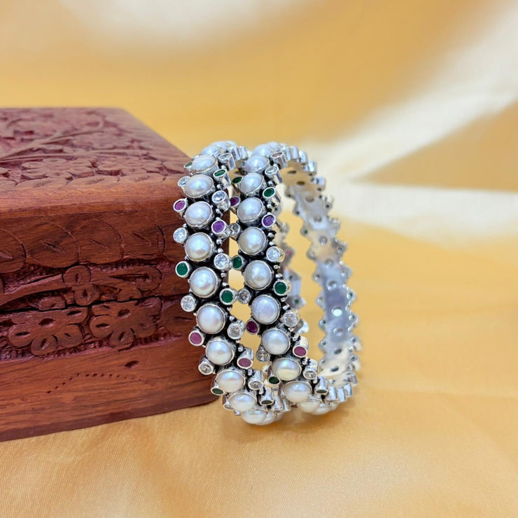 Nazaqat Multicolor Pearl Silver Bangle For Women