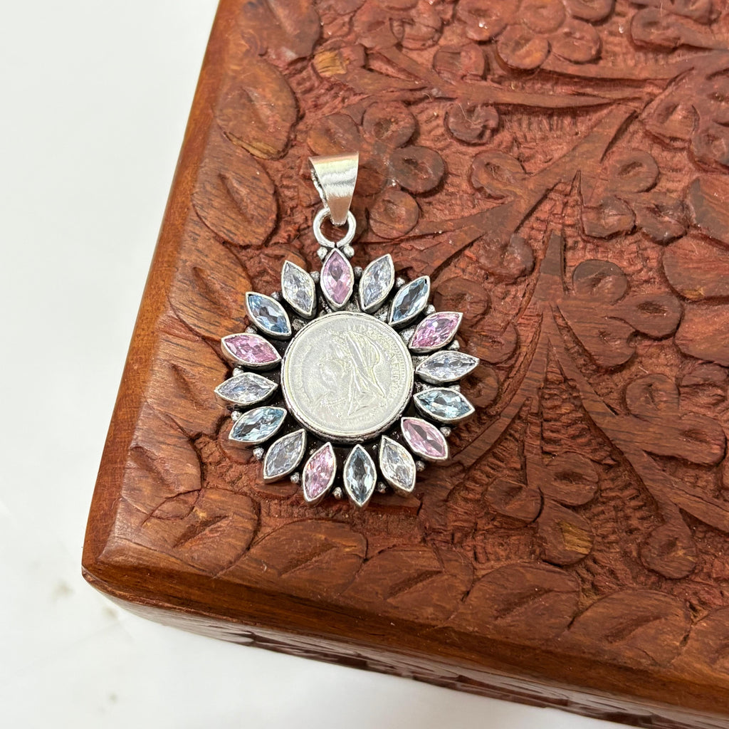 Silver Coin Pastel Bloosom Pendant