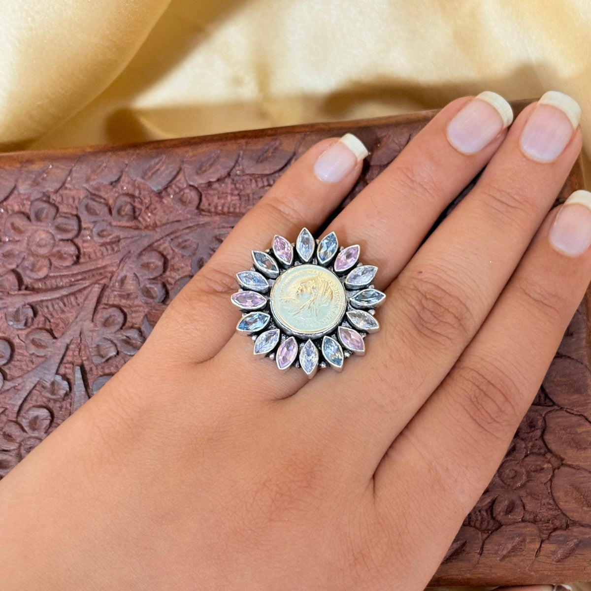 Silver Coin Pastel Blossom Ring