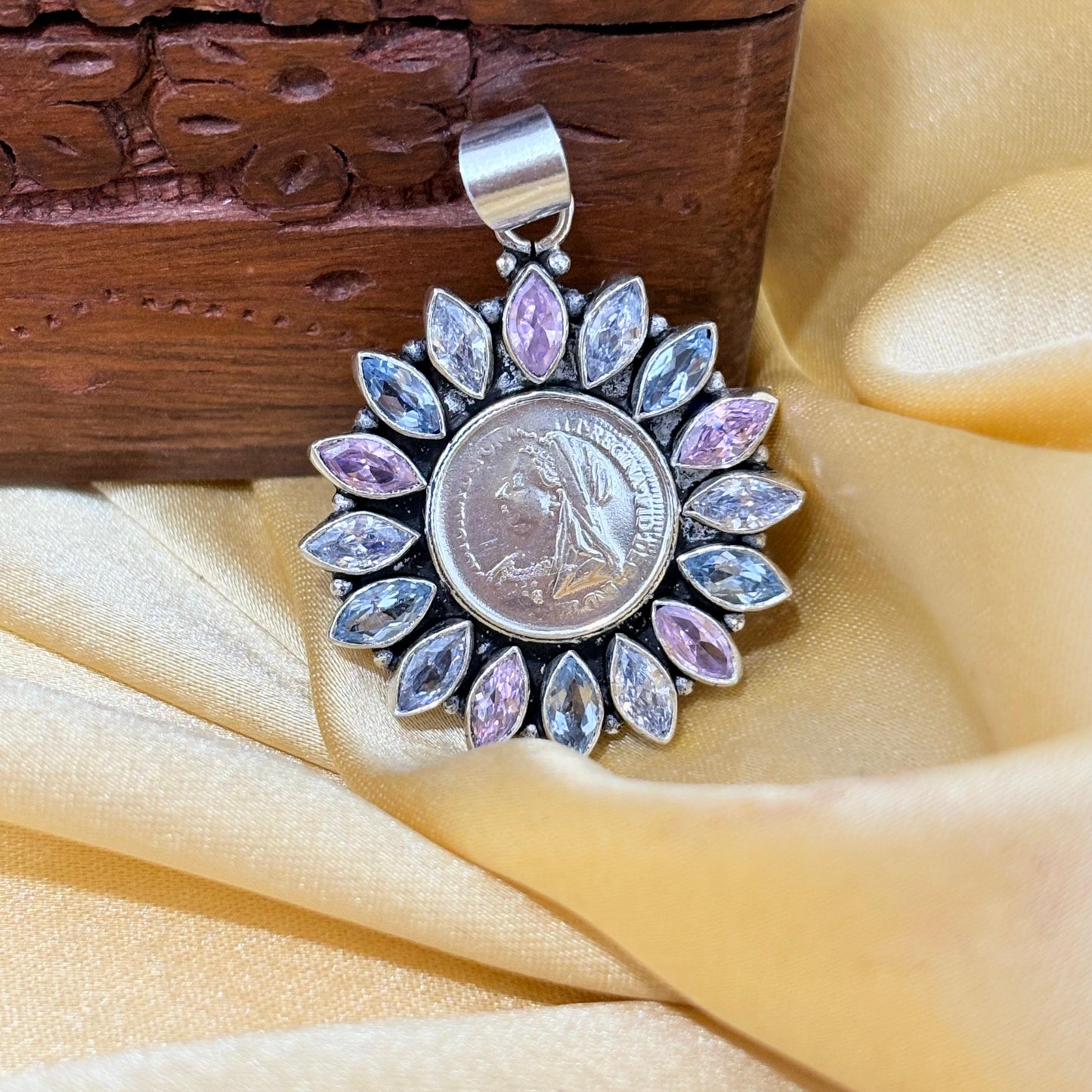 Silver Coin Pastel Bloosom Pendant