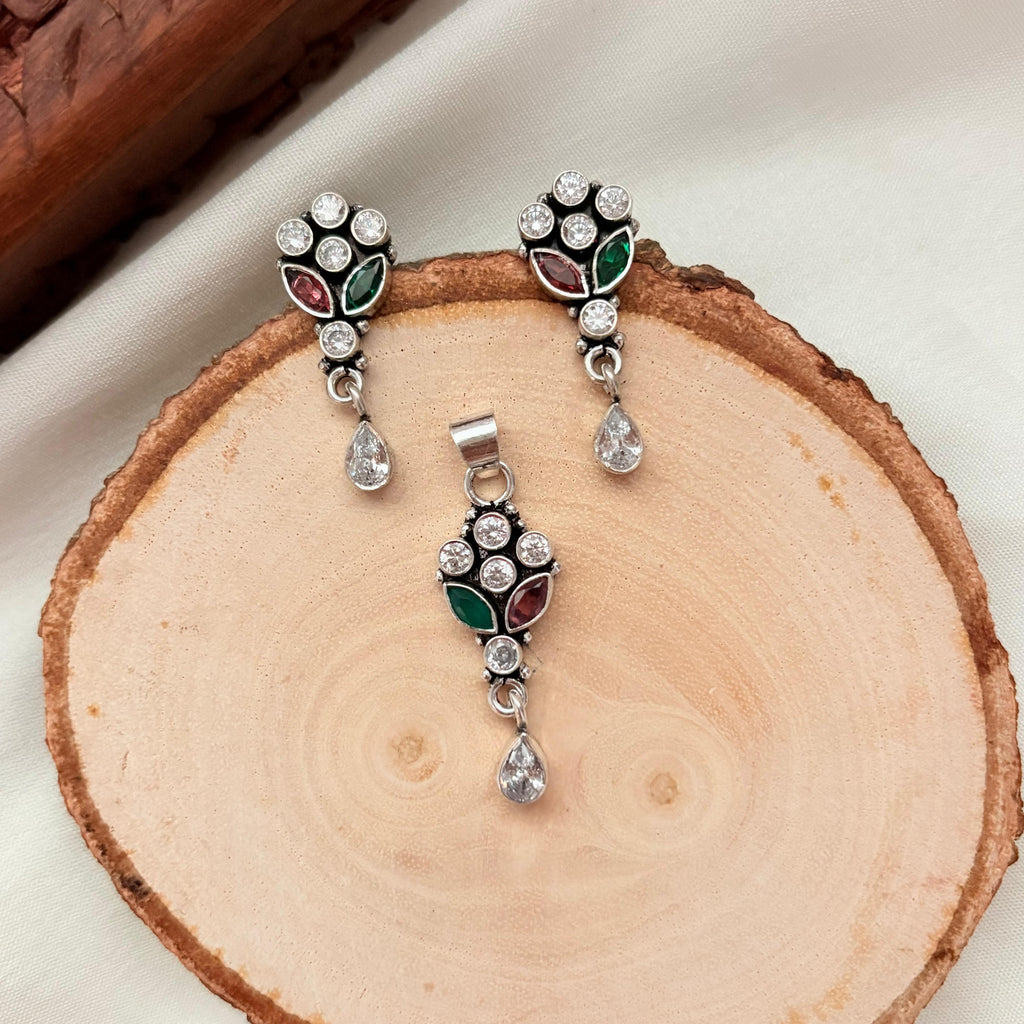 Emerald and Ruby Glimmering Silver Pendant Set