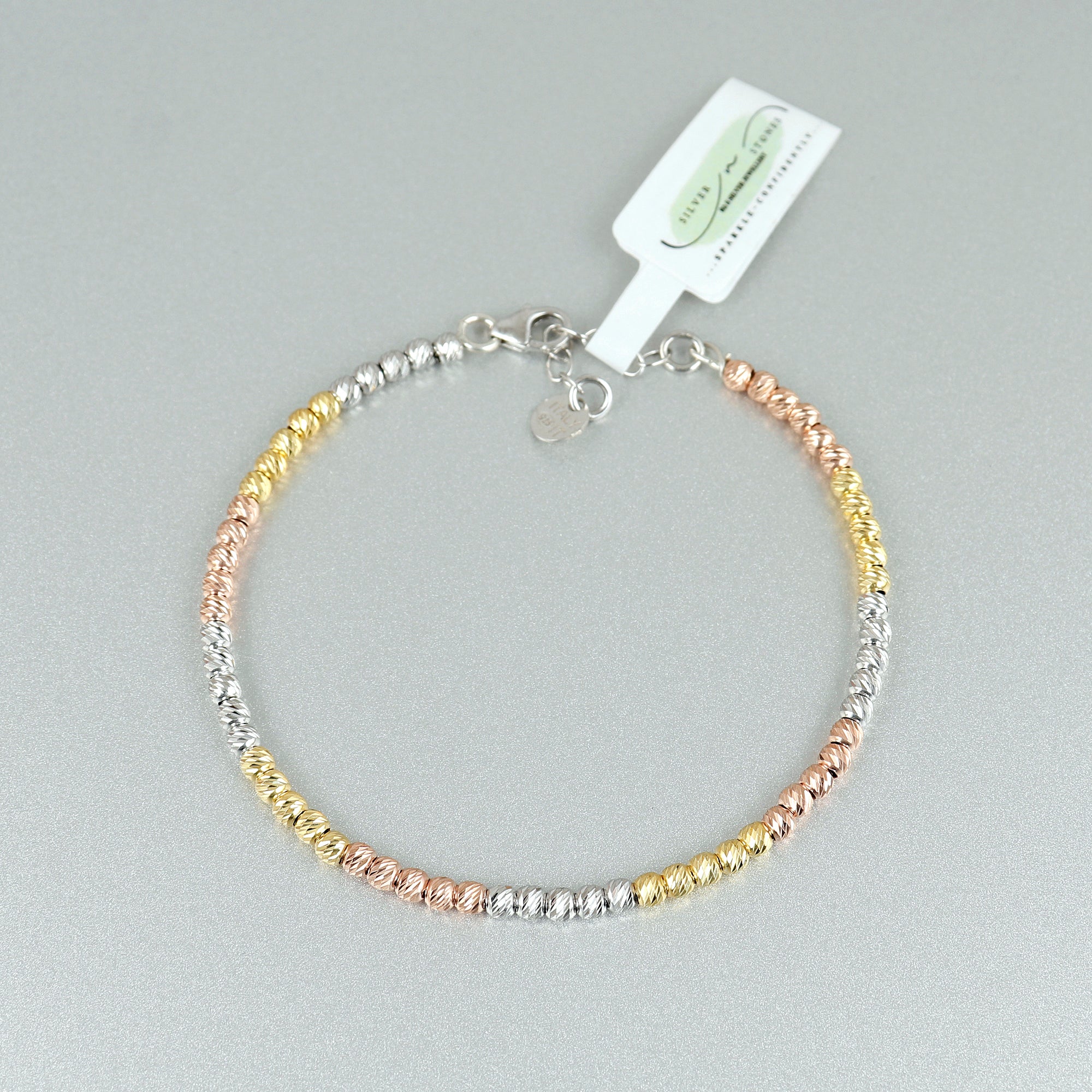 925 Sterling Silver Tri-Color Beaded Bracelet