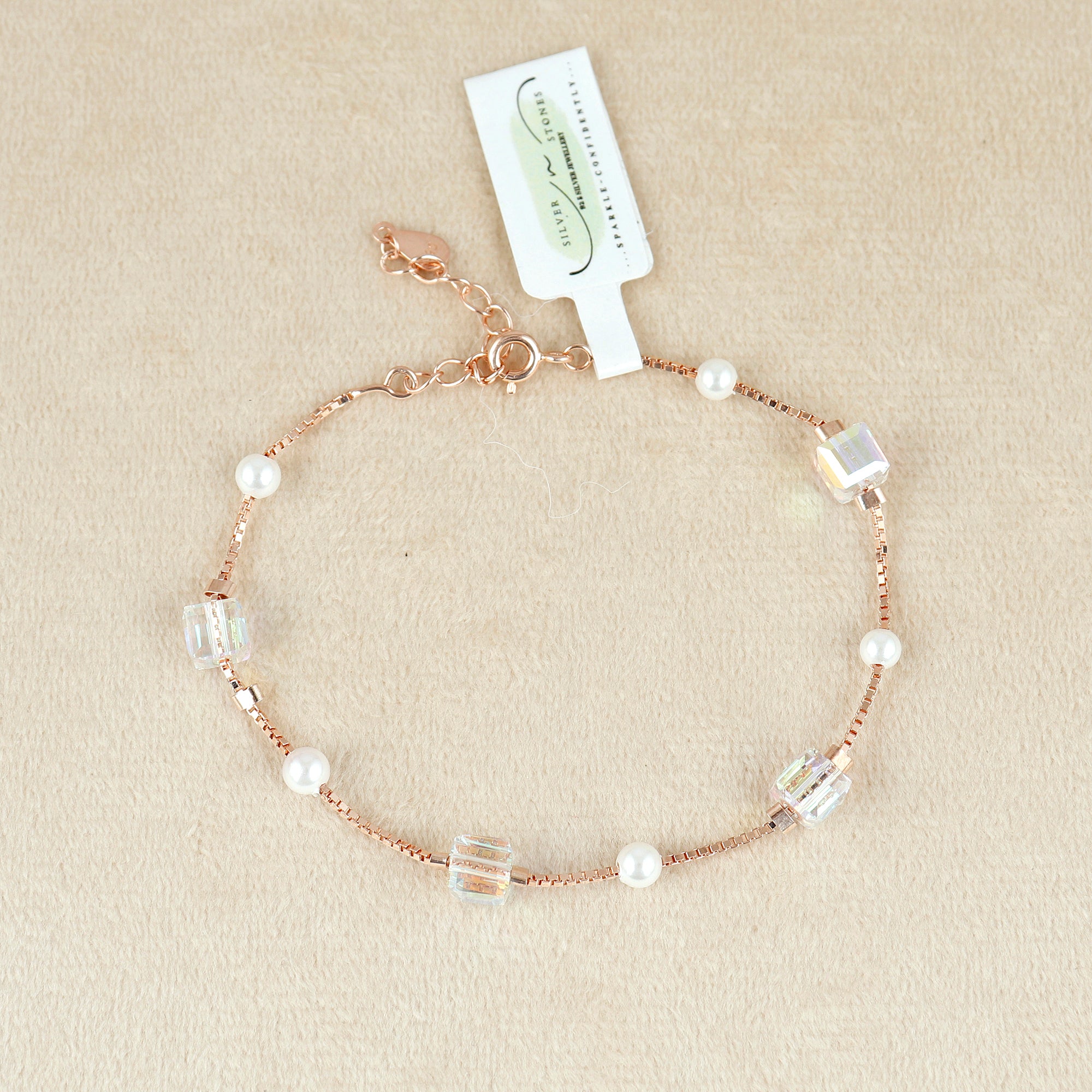 Rose Gold Plated 925 Silver Bracelet with Pearls & Crystal Beads