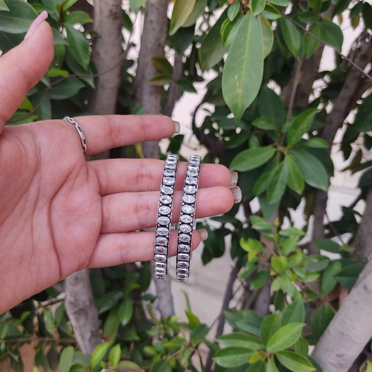 Cubic Zirconia Oval Shape Stone Silver Bangle