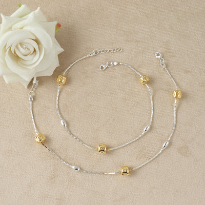 Golden Cube Charm Silver Anklet